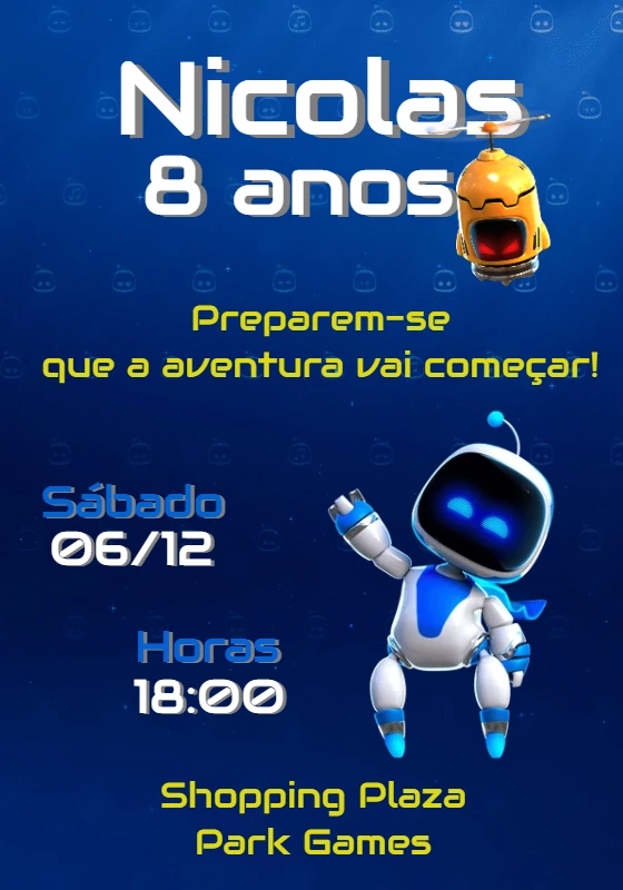 Convite Aniversário Astro Bot PS5 para Editar Online