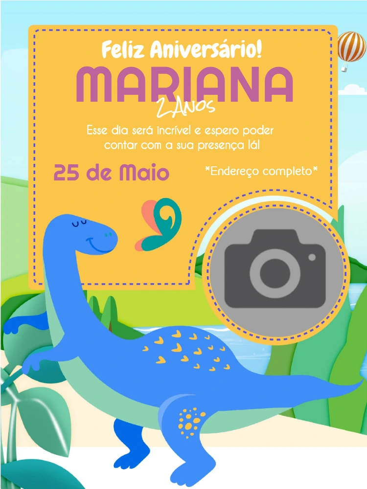 Convite Aniversário Dinossauro com Foto para Editar Online