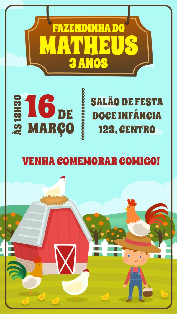 Convite de Aniversário Fazendinha com Animais para Editar