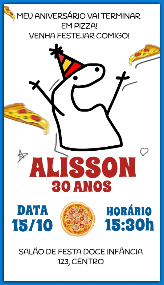 Convite Aniversário Flork Pizza para Editar Online
