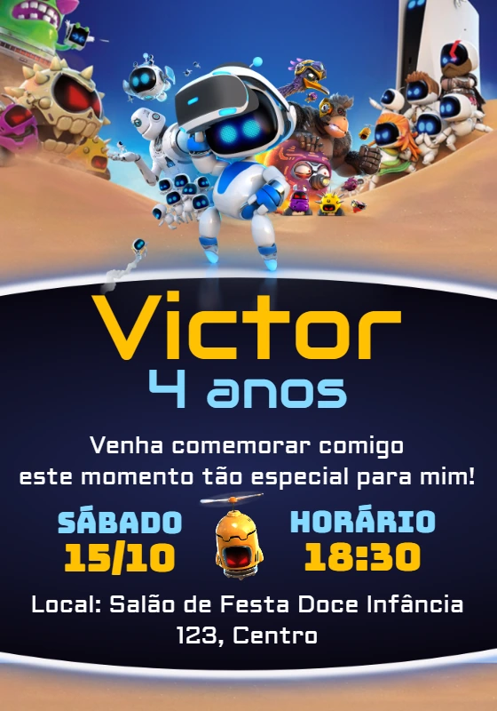 Convite Aniversário Videogame Astro Bot para Editar Online