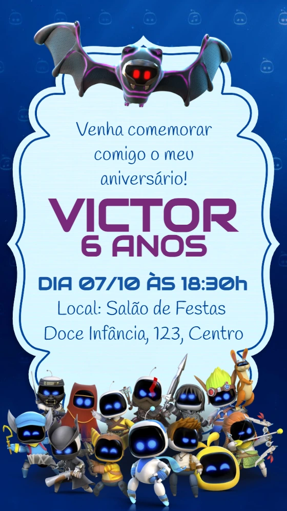 Convite Aniversário Astro Bot com Personagens para Editar Online
