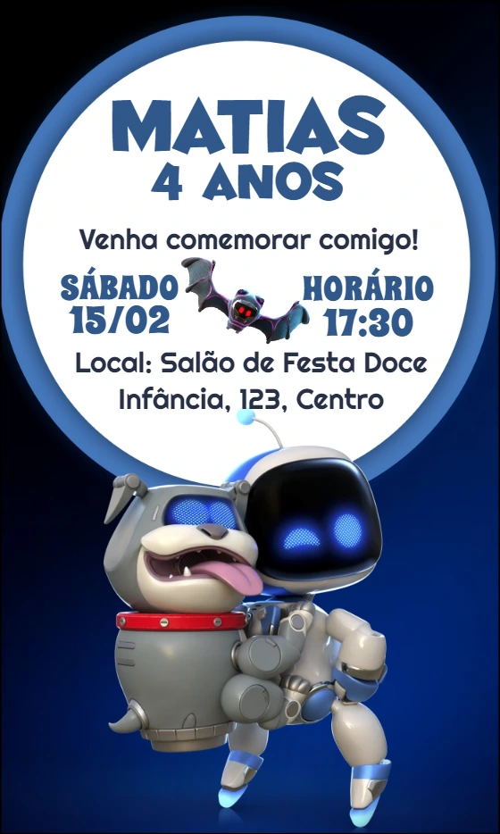 Convite Aniversário Astro Bot com Robôs para Editar Online