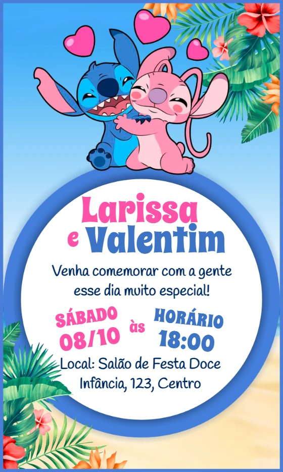 Convite Aniversário Duplo Stitch e Angel para Editar Online