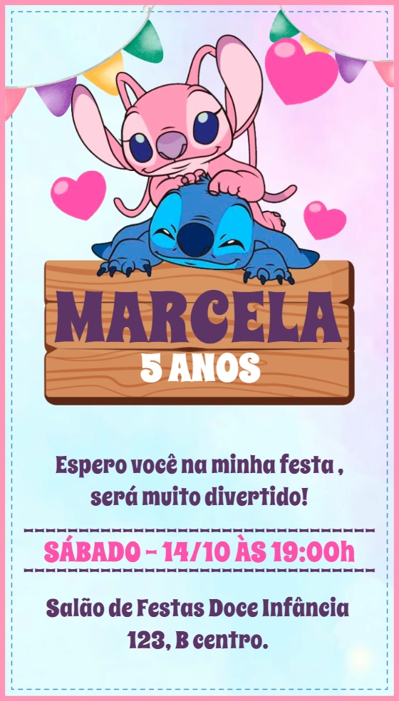 Convite de Aniversário Stitch e Angel para Editar Online