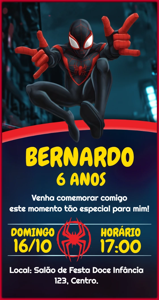 Convite Aniversário Homem Aranha Aranhaverso para Editar Online