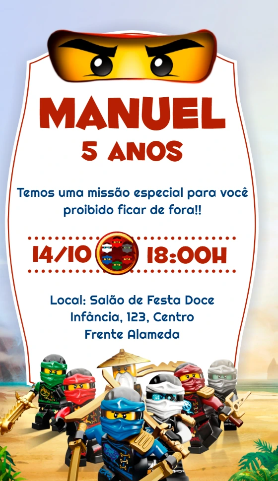 Convite Aniversário Lego Ninjago com Personagens para Editar