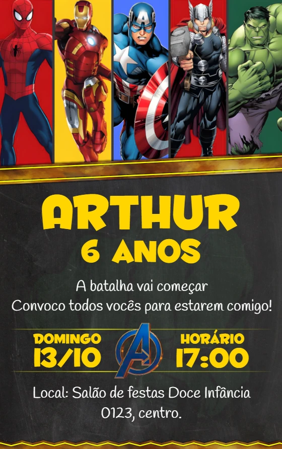 Convite Aniversário Vingadores com Heróis para Editar Online