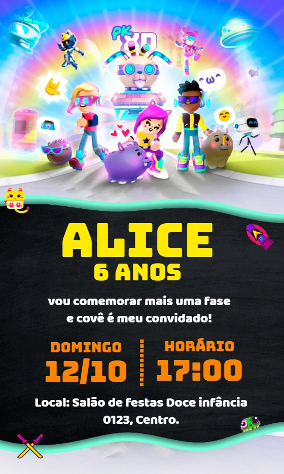 Convite Aniversário PKXD com Personagens para Editar Online