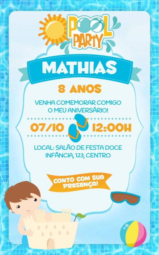 Convite de Aniversário Pool Party para Editar Online