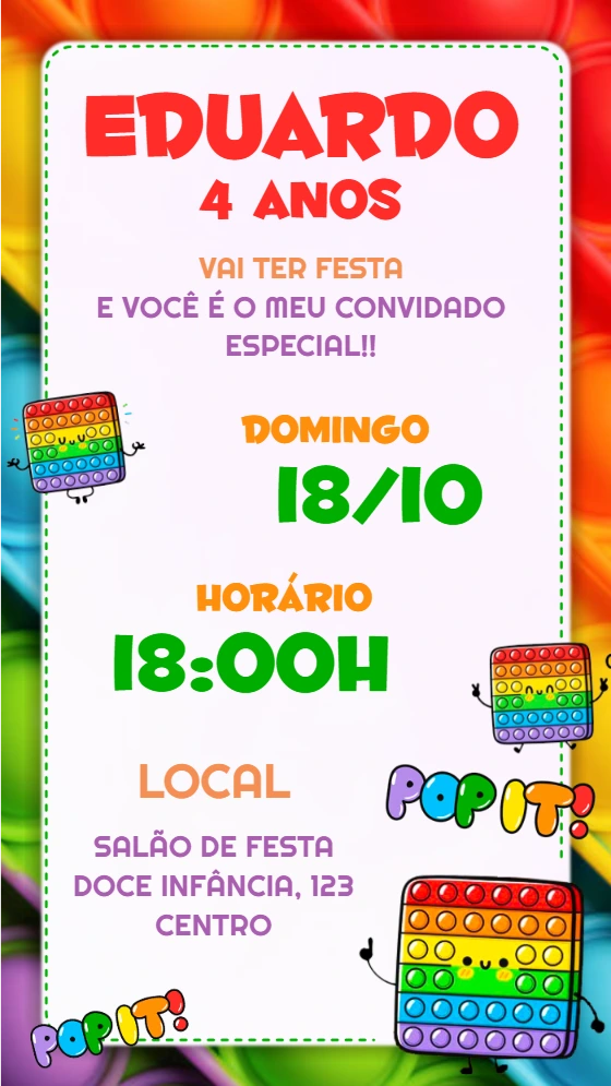Convite de Aniversário Pop It Colorido para Editar Online