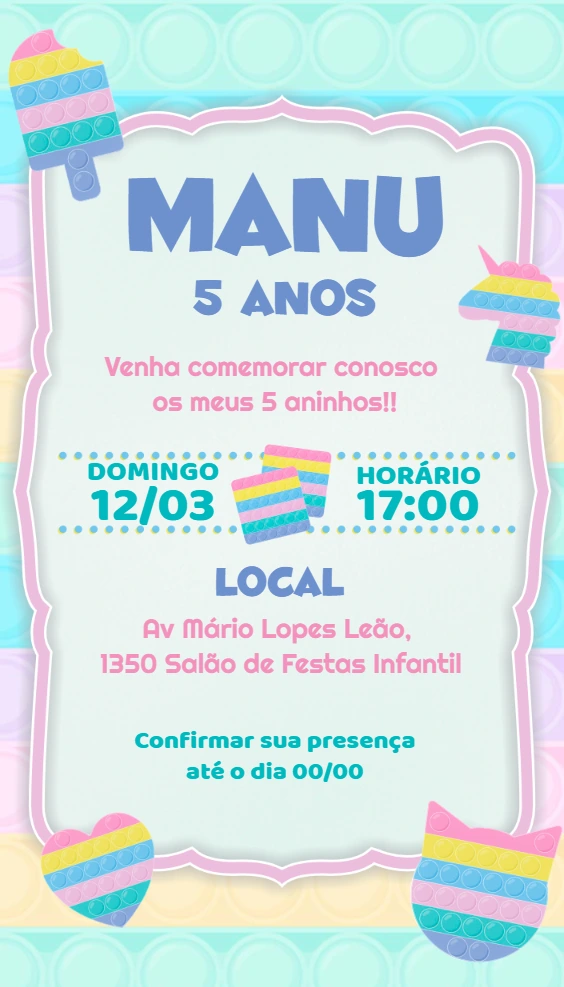 Convite de Aniversário Pop It Colorido para Editar Online