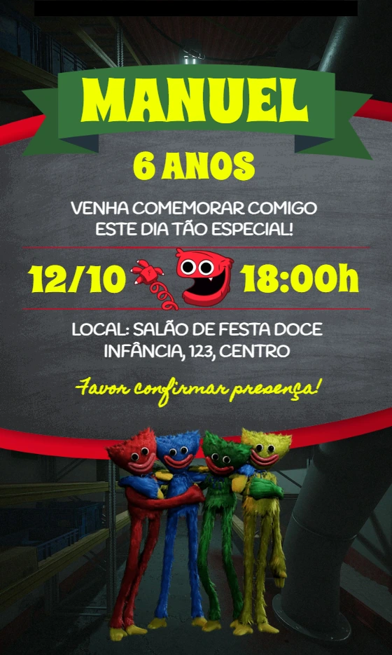 Convite Aniversário Poppy Playtime com Huggy Wuggy para Editar