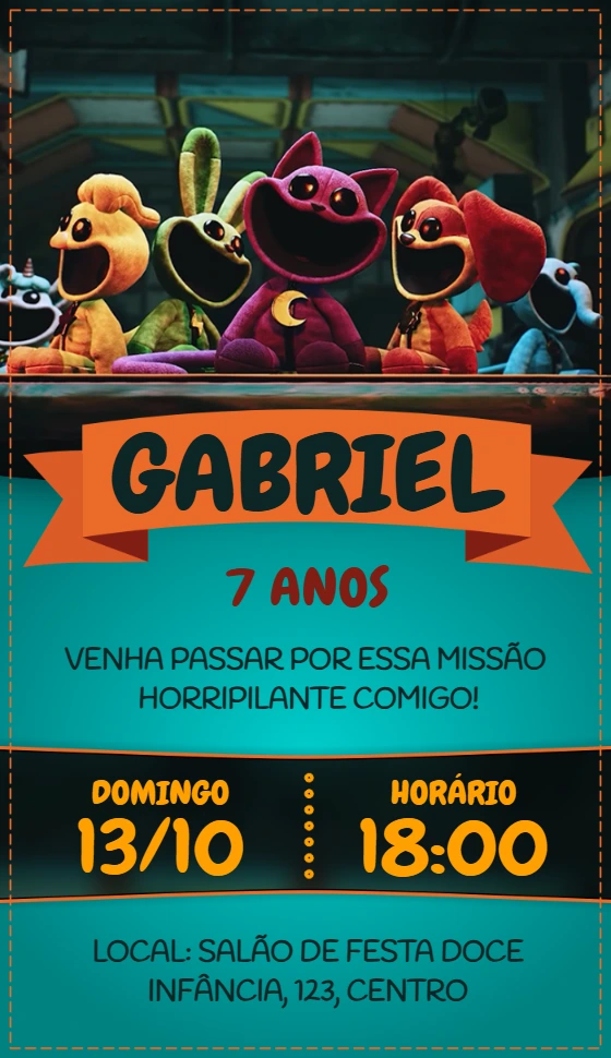 Convite Aniversário Poppy Playtime com Personagens para Editar