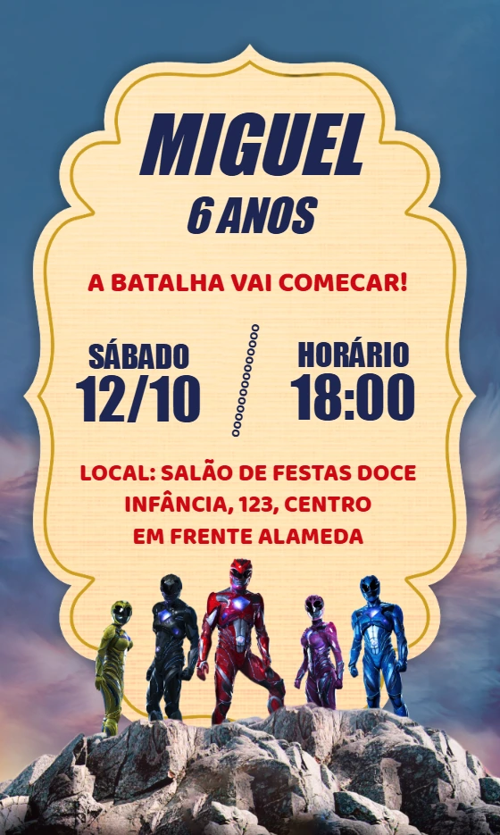 Convite de Aniversário Power Ranger para Editar Online