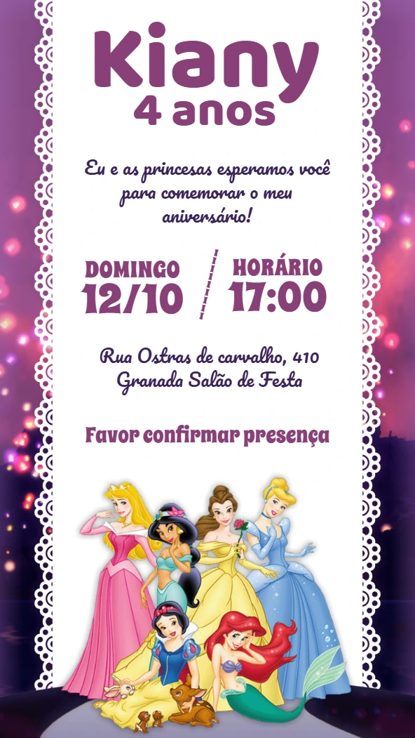 Convite de Aniversário Princesas Disney para Editar Online