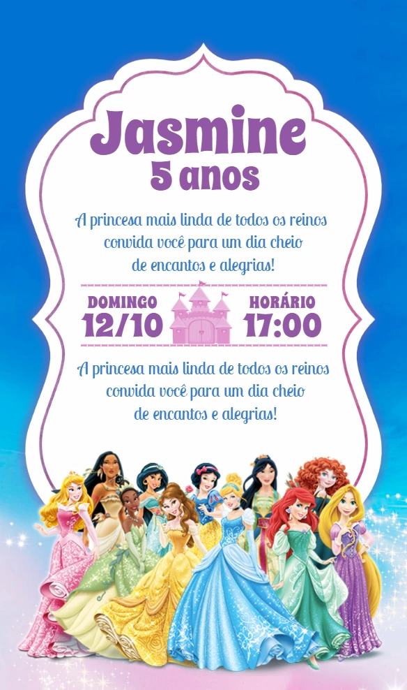 Convite Aniversário Princesas Disney para Editar Online