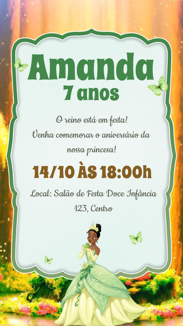 Convite Aniversário Princesa Tiana para Editar Online