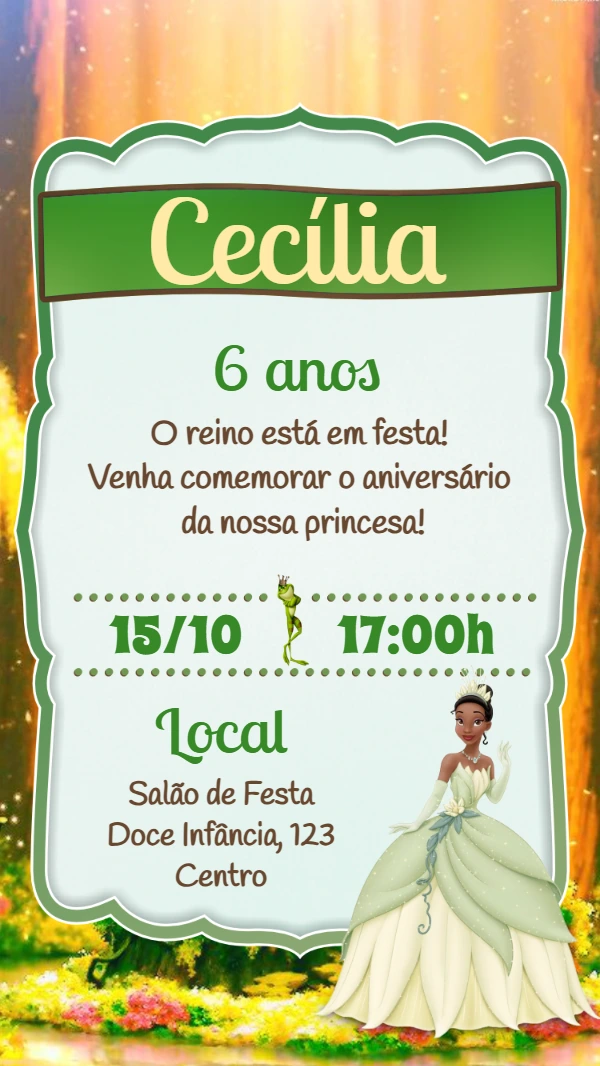 Convite Aniversário Princesa Tiana para Editar Online