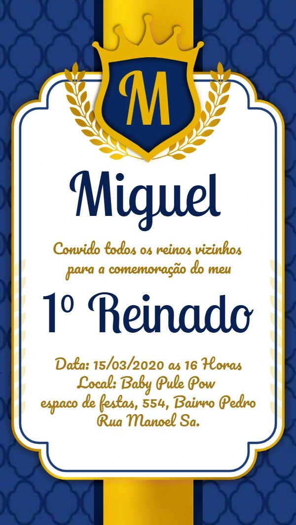 Convite Aniversário Realeza Príncipe Azul e Dourado para Editar