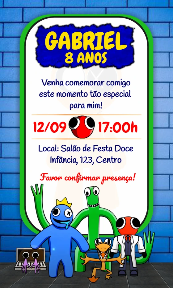 Convite de Aniversário Rainbow Friends para Editar Online