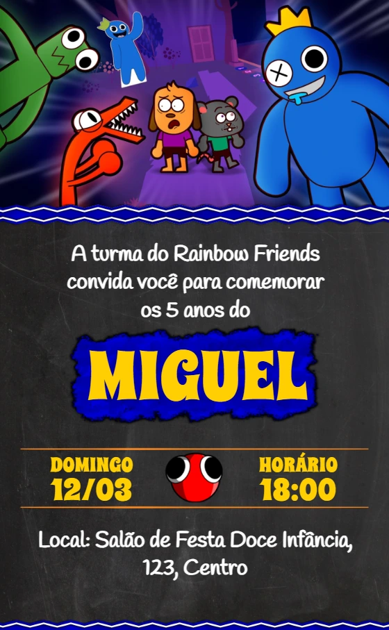 Convite de Aniversário Rainbow Friends para Editar Online