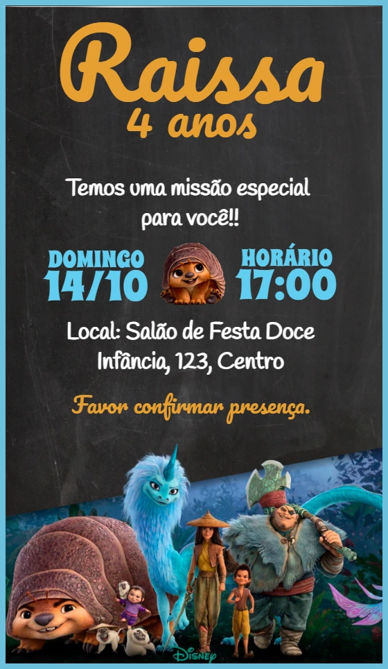 Convite Aniversário Raya e o Último Dragão para Editar Online