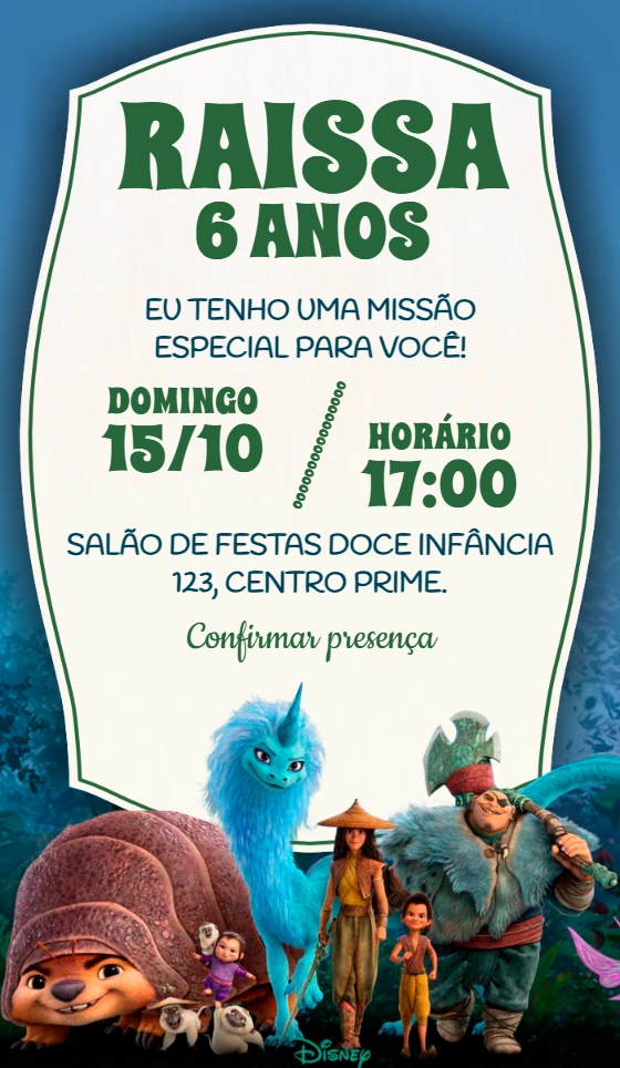 Convite de Aniversário Raya e o Último Dragão para Editar Online