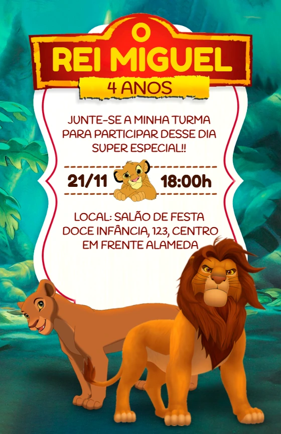 Convite de Aniversário O Rei Leão para Editar Online