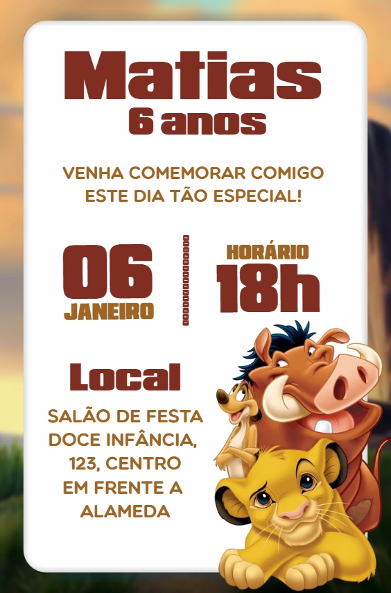 Convite de Aniversário Rei Leão com Personagens para Editar