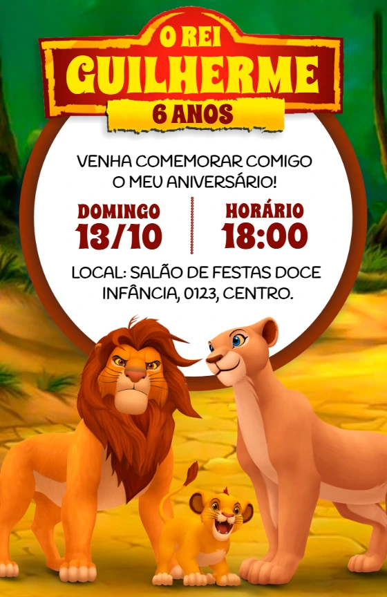 Convite Aniversário Rei Leão com Personagens para Editar