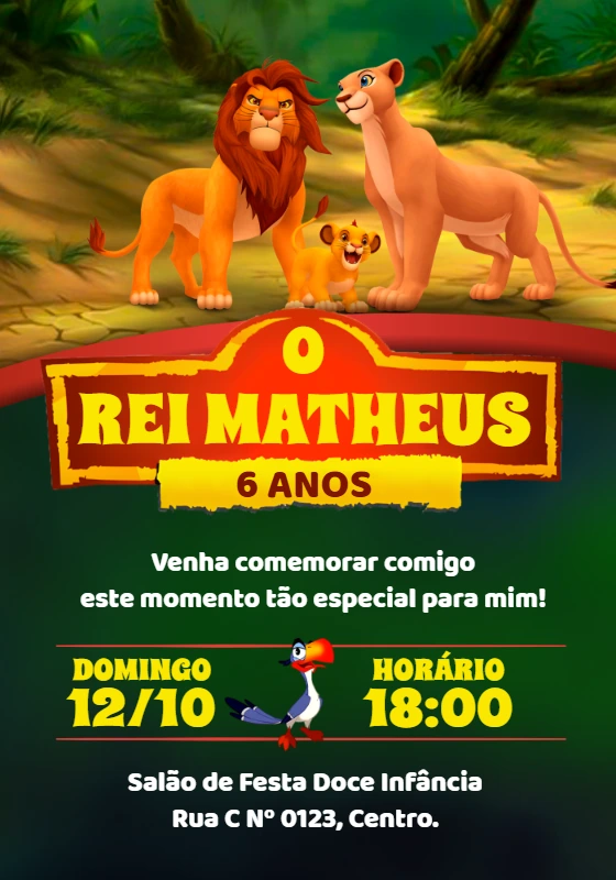 Convite de Aniversário Rei Leão para Editar Online