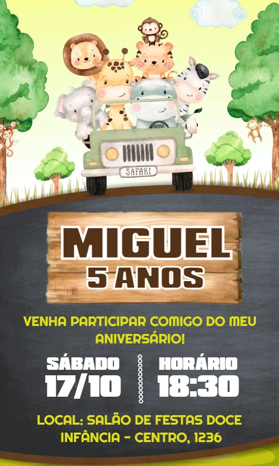 Convite de Aniversário Safari com Animais Fofos para Editar