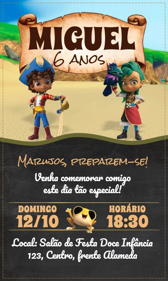 Convite Aniversário Santiago dos Mares com Personagens para Editar