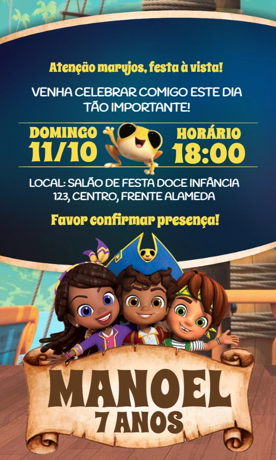 Convite Aniversário Santiago dos Mares com Personagens para Editar