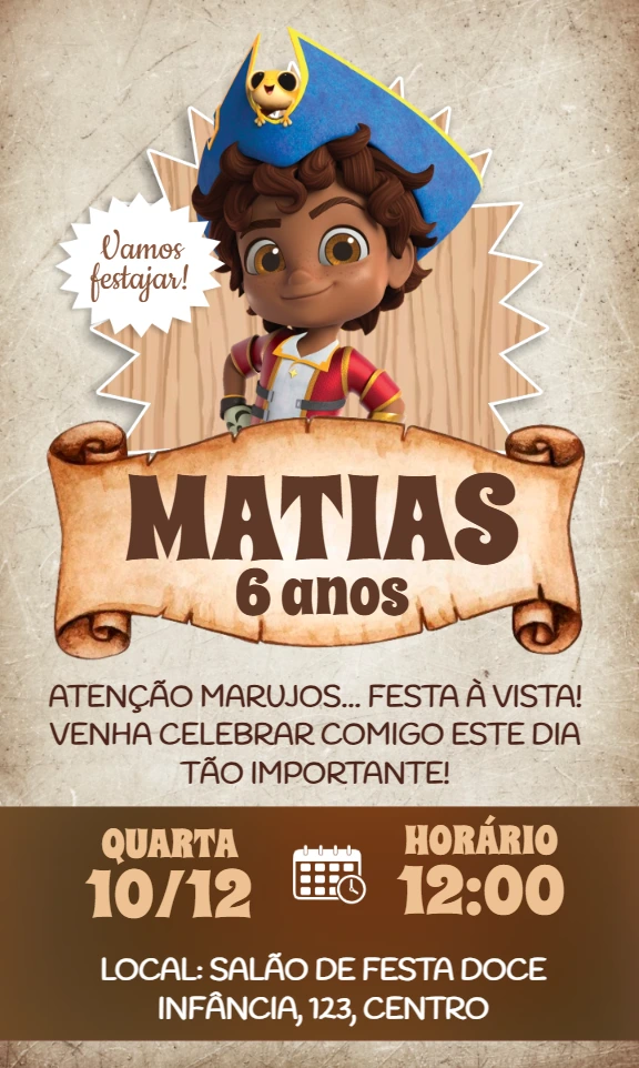 Convite Aniversário Santiago dos Mares para Editar Online