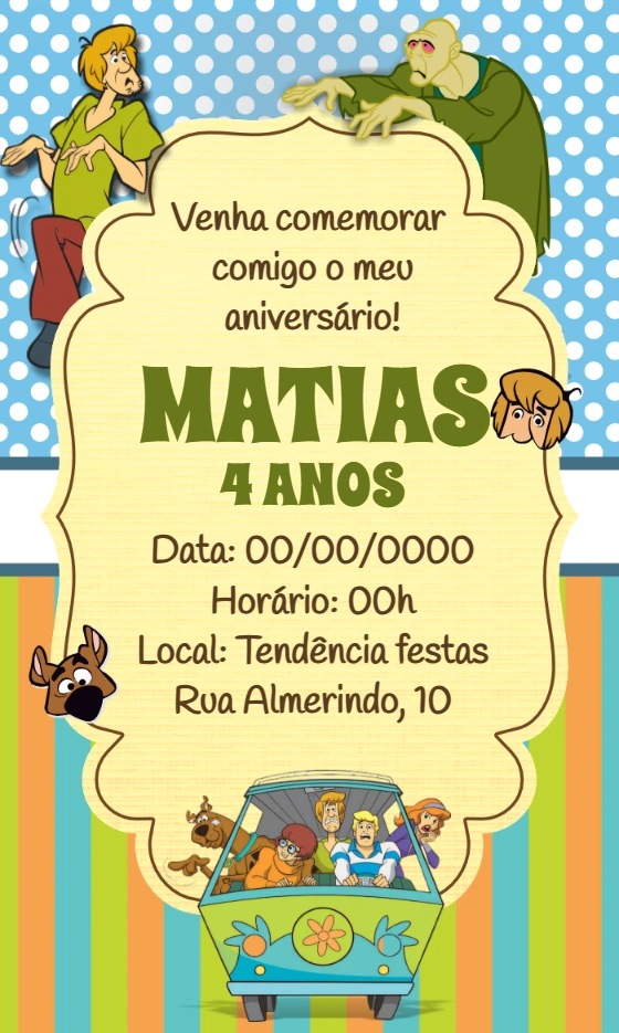 Convite Aniversário Scooby Doo com Personagens para Editar