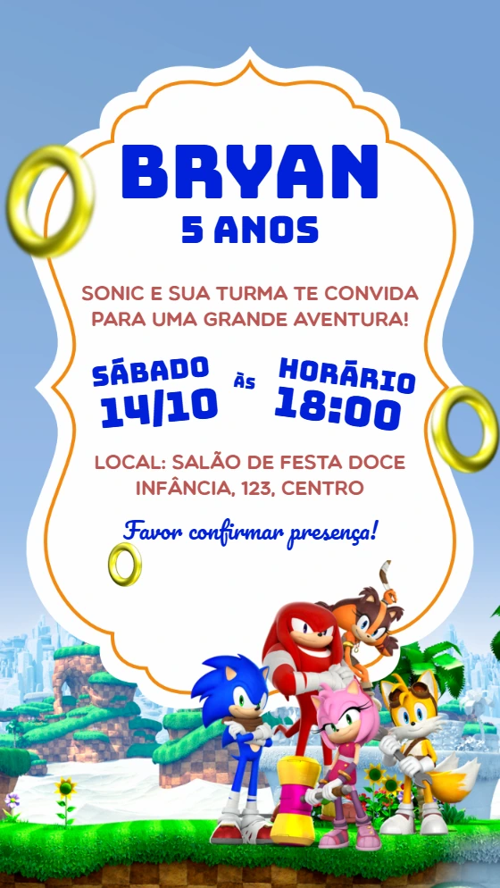 Convite de Aniversário Sonic e sua Turma para Editar Online