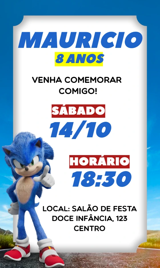 Convite Aniversário Sonic O Filme para Editar Online