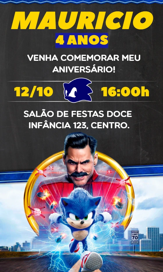 Convite Aniversário Sonic do Filme para Editar Online