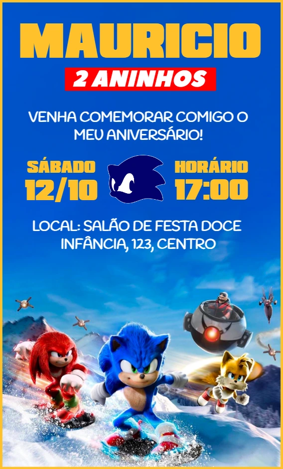 Convite de Aniversário Sonic Filme Editável Online