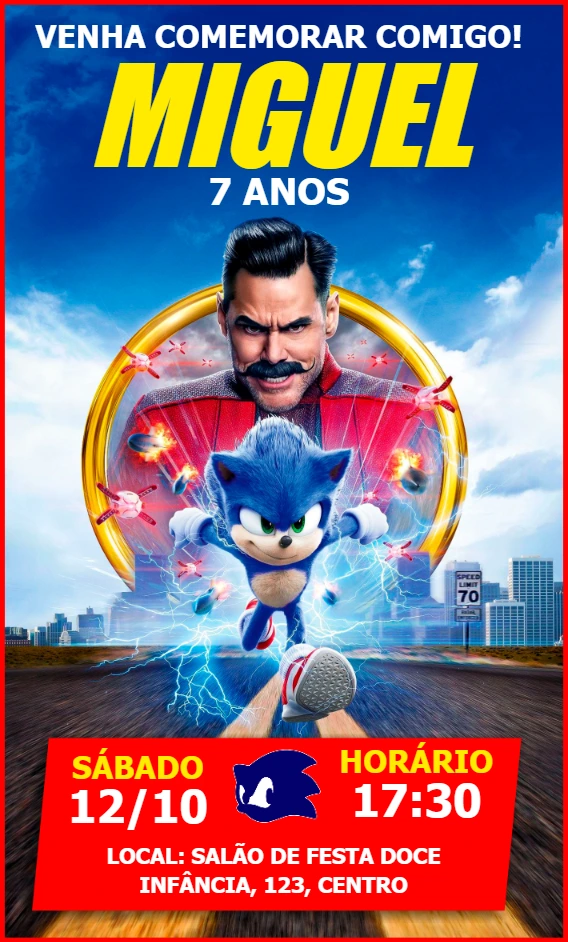 Convite de Aniversário Sonic o Filme para Editar Online