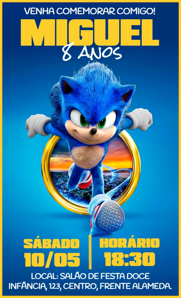 Convite de Aniversário Sonic O Filme para Editar Online