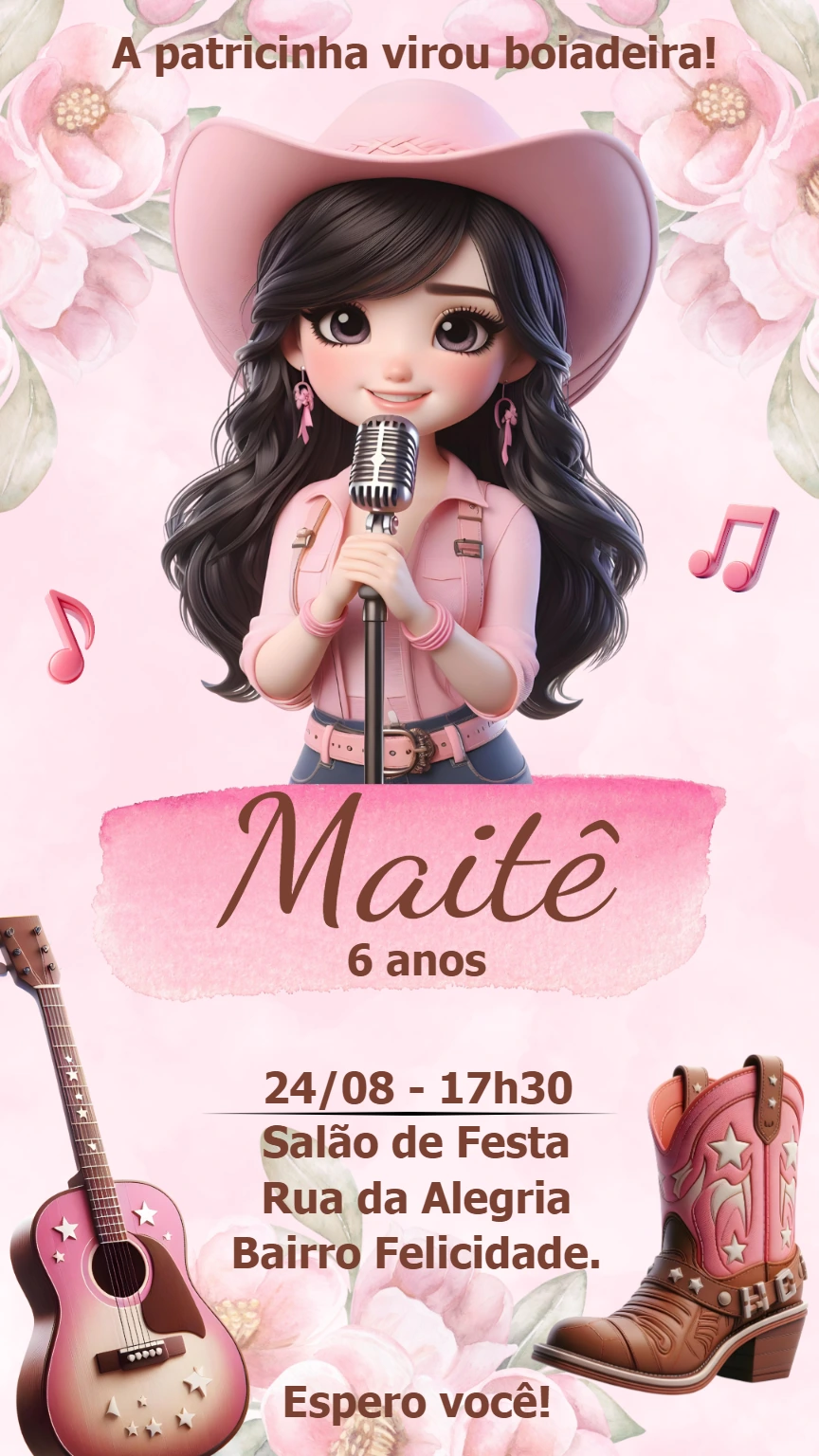 Convite Aniversário Boiadeira Cute para Editar Online