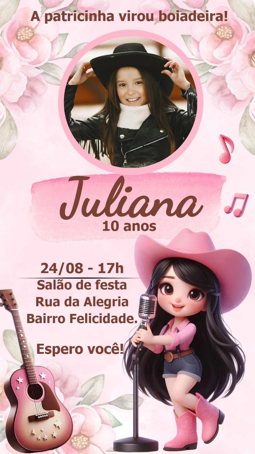 Convite Aniversário Boiadeira Cute com Foto para Editar