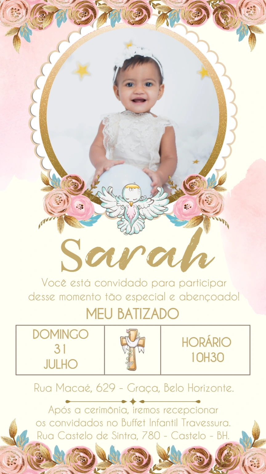 Convite de Batizado Floral com Foto para Editar Online