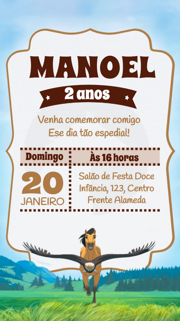 Convite Aniversário Spirit O Corcel Indomável para Editar Online