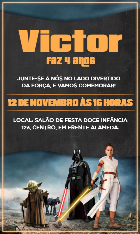Convite Aniversário Star Wars com Personagens para Editar Online