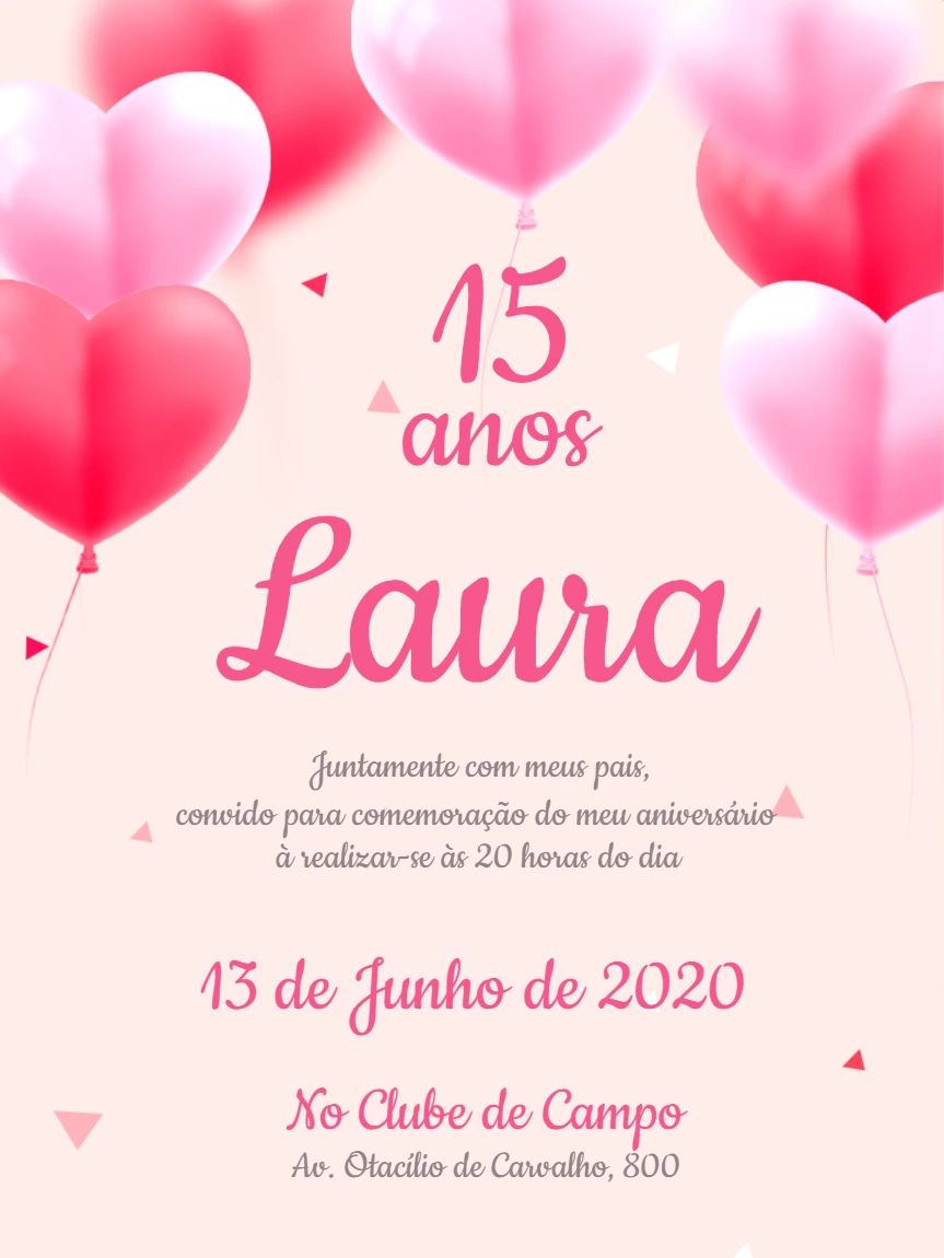 Convite 15 Anos Balões de Coração Rosa para Editar Online