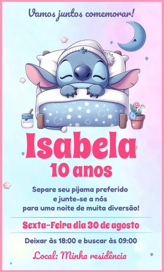 Convite Festa do Pijama Stitch para Editar e Imprimir